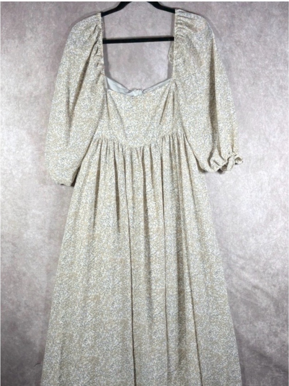 Storia Maxi Dress Women L Tan Floral Puff Sleeve Square Neck Boho Cottagecore